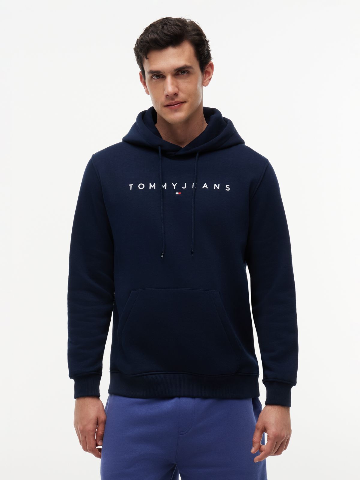 Linear Logo Fleece Drawstring Hoody — Blue