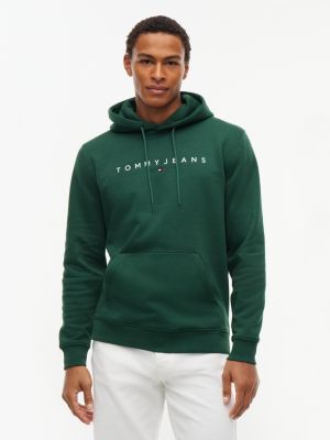 green linear logo fleece drawstring hoody for men tommy jeans