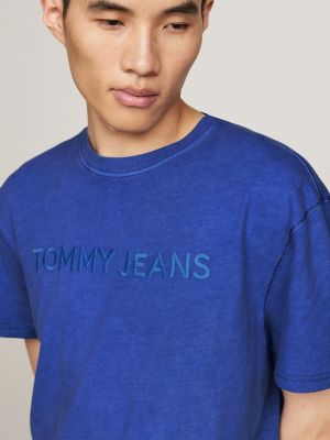 t-shirt tinta in capo con logo ricamato blu da uomini tommy jeans