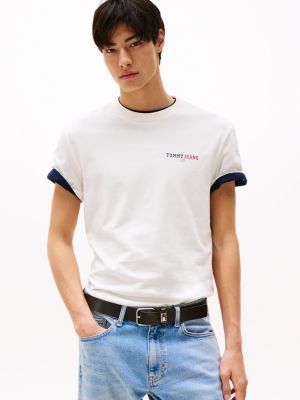 beżowy t-shirt z okrągłym dekoltem i logo z tyłu dla mężczyźni - tommy jeans