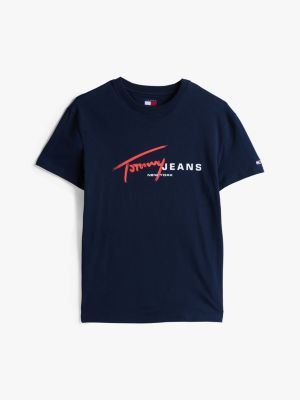 blauw t-shirt met signature-logo in graffitistijl voor heren - tommy jeans