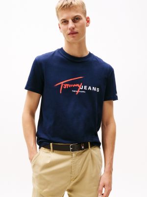 blue t-shirt mit graffiti-signatur-logo für herren - tommy jeans