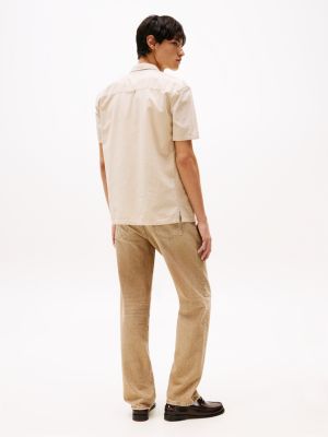 beige gestreiftes regular fit kurzarm-hemd für herren - tommy jeans