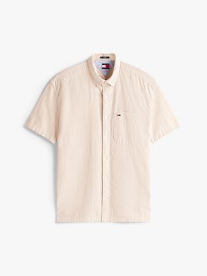 camicia regular fit a maniche corte e righe beige da uomini tommy jeans