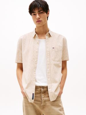 chemise standard à rayures et manches courtes beige pour hommes tommy jeans