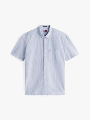 blau gestreiftes regular fit kurzarm-hemd für herren - tommy jeans