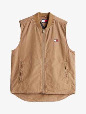 brown canvas zip-thru gilet for men tommy jeans