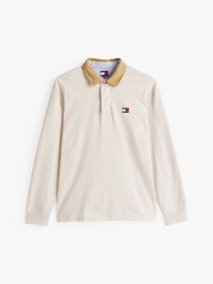 beige oversized rugbyshirt met tommy-badge voor heren - tommy jeans