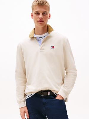 beige tommy badge oversized rugby shirt for men tommy jeans