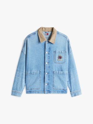 multi crest embroidery denim utility jacket for men tommy jeans