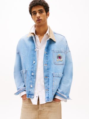 multi crest embroidery denim utility jacket for men tommy jeans