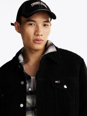 black teddy fleece relaxed trucker jacket for men tommy jeans