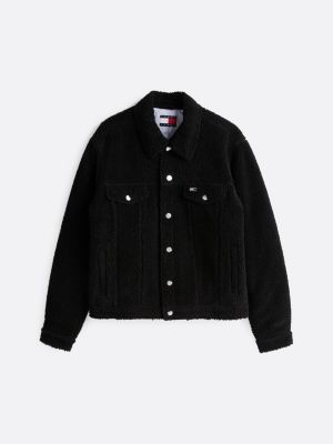 black teddy fleece relaxed trucker jacket for men tommy jeans