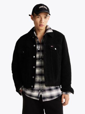 black teddy fleece relaxed trucker jacket for men tommy jeans