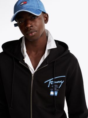 felpa signature con cappuccio, zip e logo nero da uomini tommy jeans