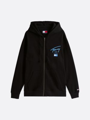 felpa signature con cappuccio, zip e logo nero da uomini tommy jeans