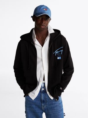 felpa signature con cappuccio, zip e logo black da uomini tommy jeans