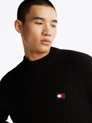 black tommy badge textured rib-knit jumper for men tommy jeans