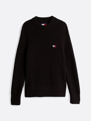 black tommy badge textured rib-knit jumper for men tommy jeans