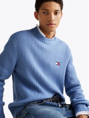 pull en tricot côtelé texturé à badge tommy bleu pour hommes tommy jeans