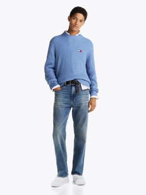 blue tommy badge textured rib-knit jumper for men tommy jeans