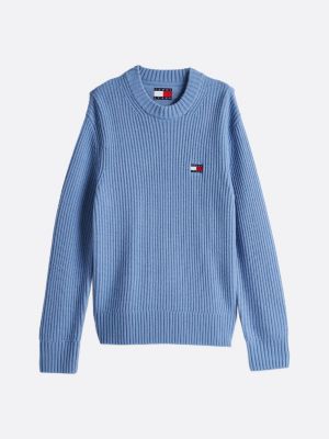 pull en tricot côtelé texturé à badge tommy bleu pour hommes tommy jeans