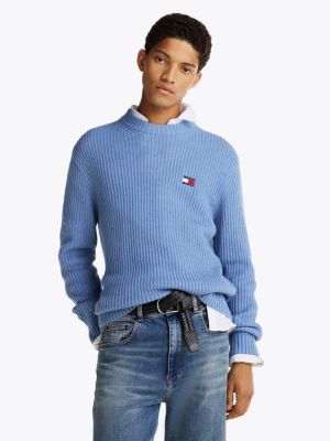 blue tommy badge textured rib-knit jumper for men tommy jeans