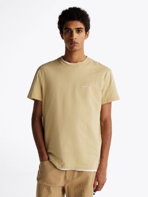 t-shirt signature con logo ricamato khaki da uomini tommy jeans