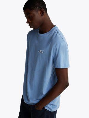 blau signature t-shirt mit logo-stickerei für herren - tommy jeans