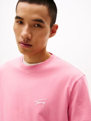 pink signature logo embroidery t-shirt for men tommy jeans