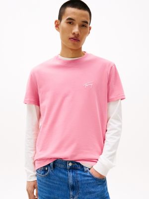 pink t-shirt met geborduurd signature-logo voor heren - tommy jeans