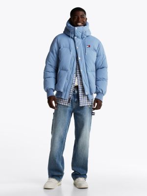 blue relaxed hooded puffer jacket for men tommy jeans