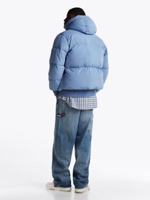 blue relaxed hooded puffer jacket for men tommy jeans