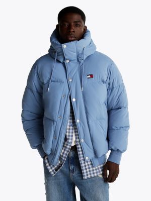 blue relaxed hooded puffer jacket for men tommy jeans