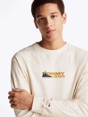 t-shirt a maniche lunghe con logo sul retro beige da uomini tommy jeans