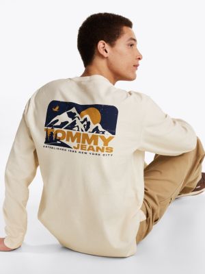 t-shirt a maniche lunghe con logo sul retro beige da uomini tommy jeans