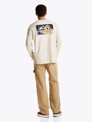 t-shirt a maniche lunghe con logo sul retro beige da uomini tommy jeans