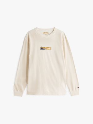 t-shirt a maniche lunghe con logo sul retro beige da uomini tommy jeans