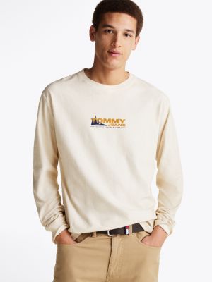 beige back logo long sleeve t-shirt for men tommy jeans