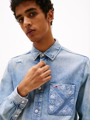 blue regular fit distressed denim shirt for men tommy jeans