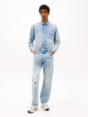 blue regular fit distressed denim shirt for men tommy jeans