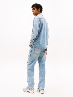 blauw regular fit denim overhemd met distressed details voor heren - tommy jeans