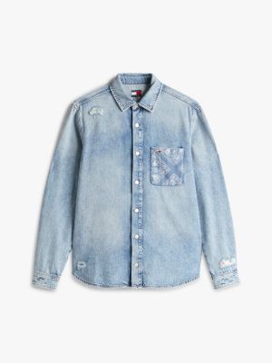 blauw regular fit denim overhemd met distressed details voor heren - tommy jeans