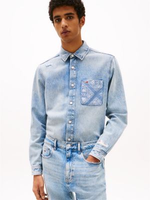 blue regular fit distressed denim shirt for men tommy jeans