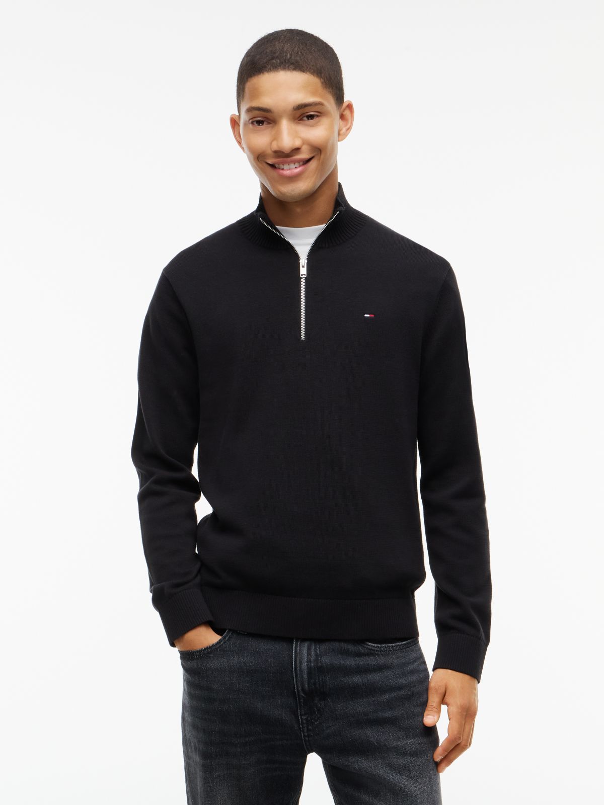 Tommy Flag Lightweight Slim Quarter-Zip Jumper — Black