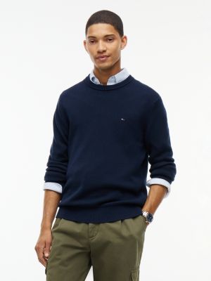 blue tommy flag textured slim jumper for men tommy jeans