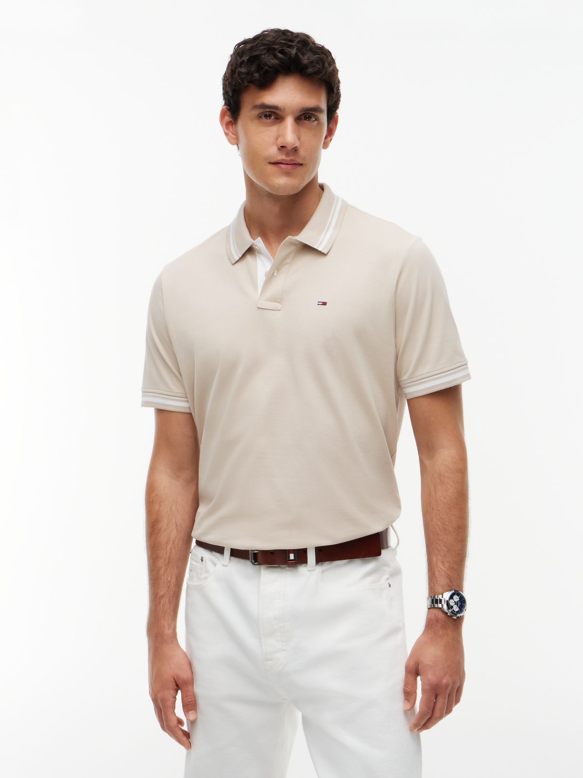 Tommy Flag Embroidery Tipped Polo Shirt — Beige