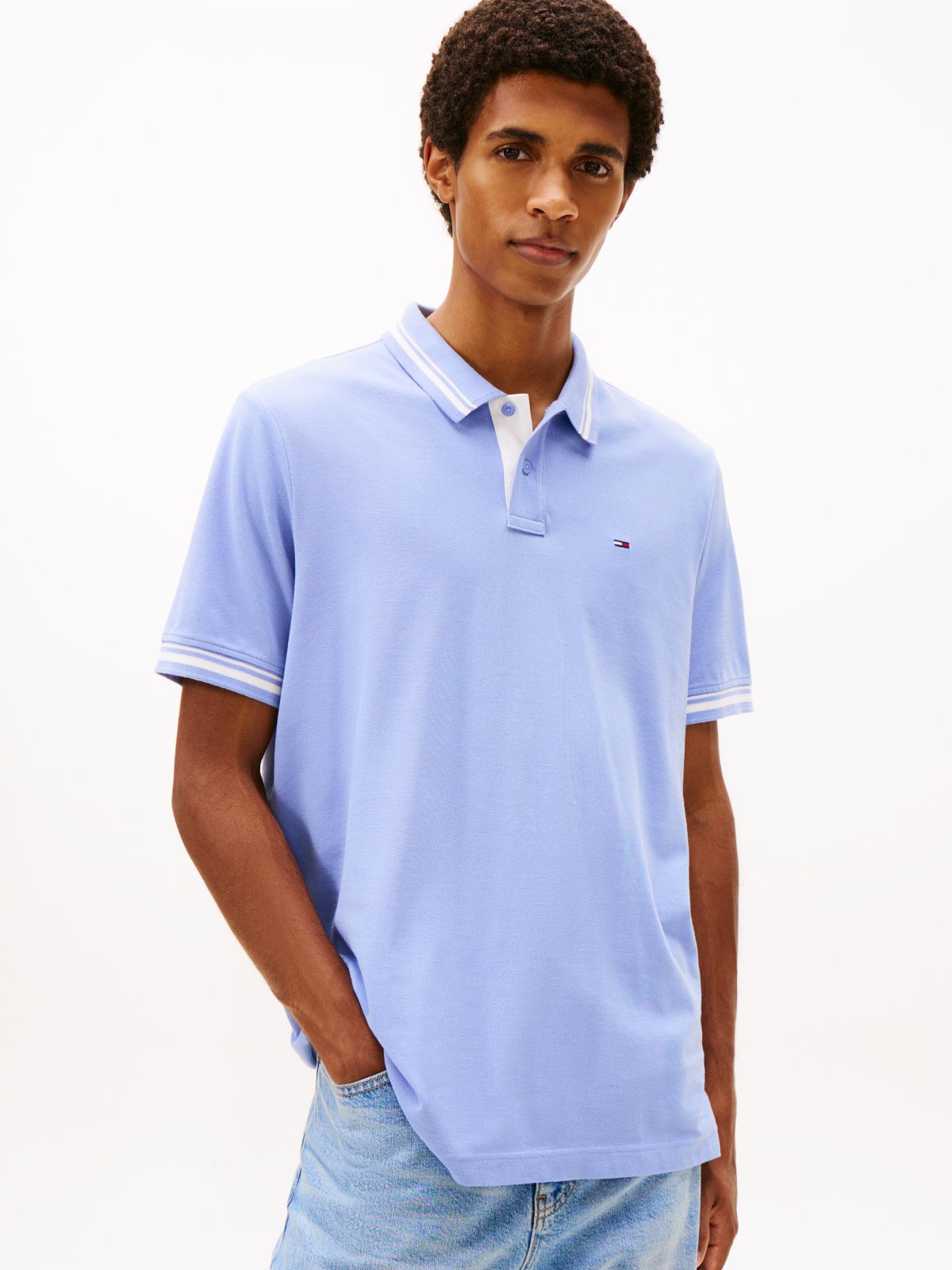 Tommy Flag Embroidery Tipped Polo Shirt — Blue