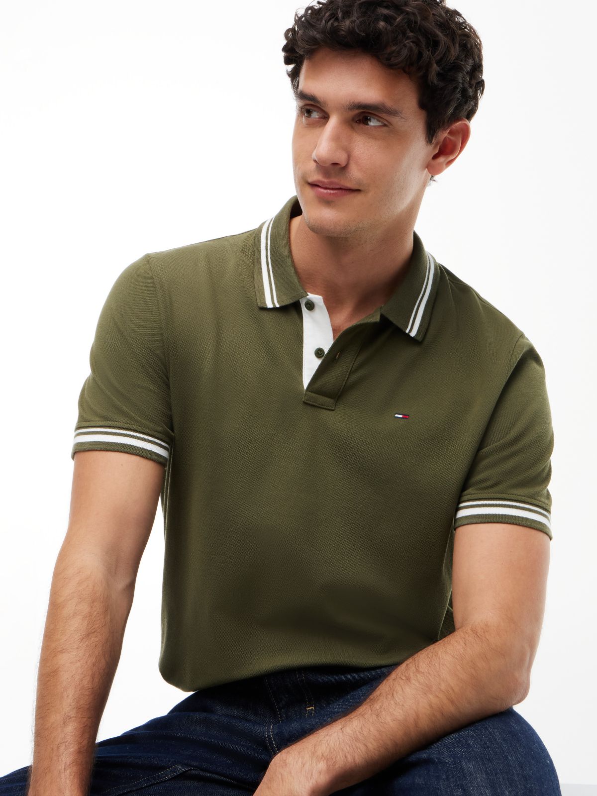Tommy Flag Embroidery Tipped Polo Shirt — Green