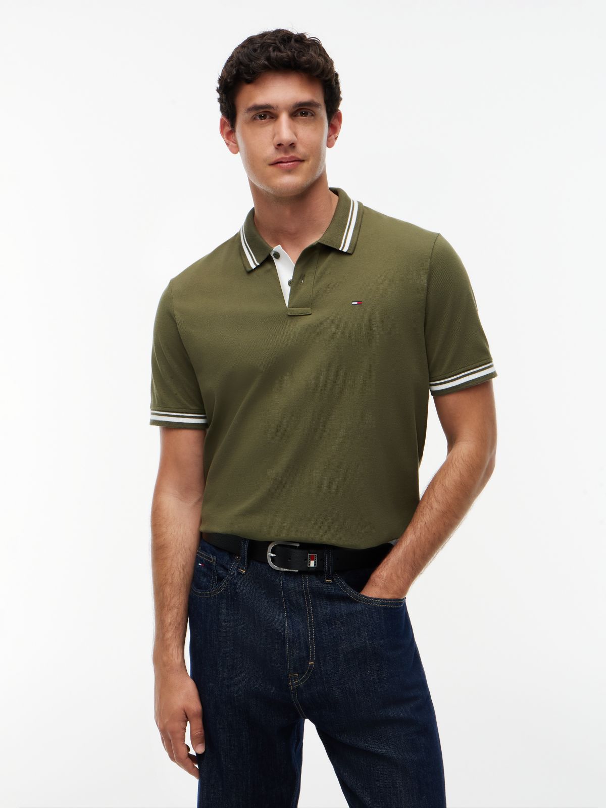 Tommy Flag Embroidery Tipped Polo Shirt — Green